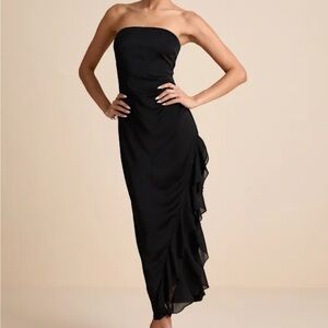 Lulus Graceful Perfection Black Satin Ruffled Strapless Midi Dress - Size L